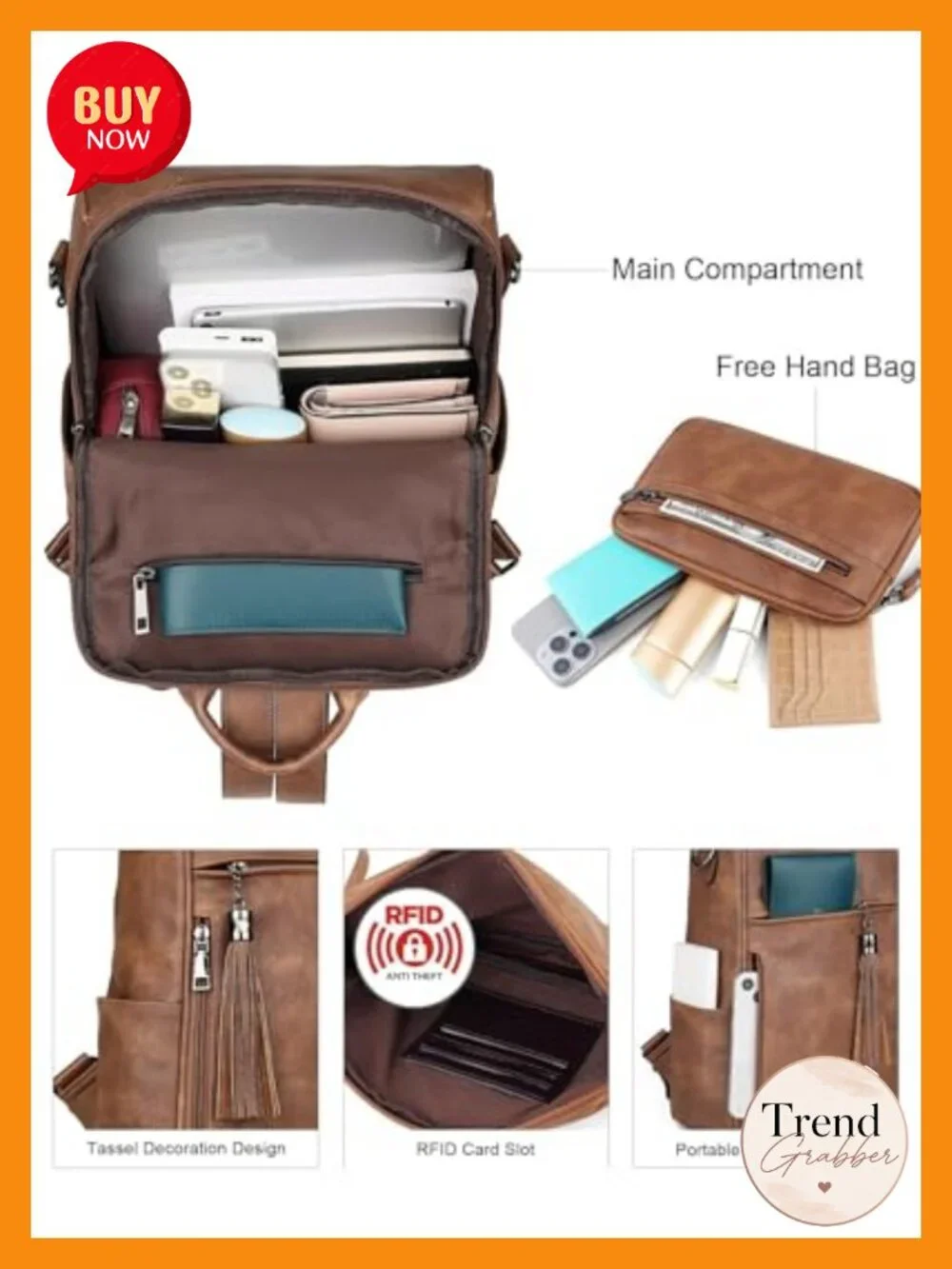 13 inch Waterproof PU Leather Laptop Backpack Convertible Travel Work Bag for